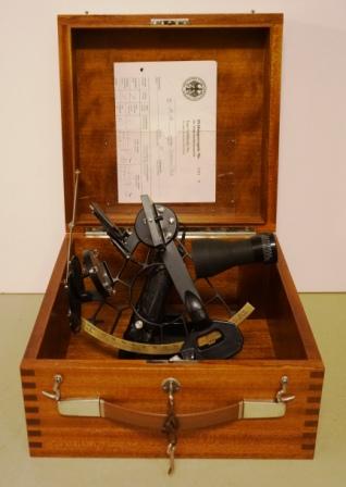 1970th German brass sextant made by Cassens & Plath. No 26130. Last examined October 12th 1973 by "Deutsches Hydrographisches Institut". Used onboard MS Iggesund, Kihlberg shipping company Gothenburg. Equipped with illumination. In original mahogany case.
