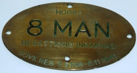 Lifeboat plate in brass with the text "Maximum 8 persons incl crew", dated 1941. 