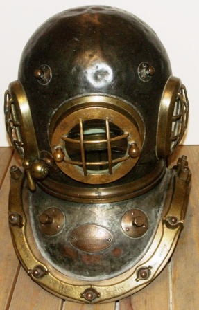 Early 20th century Siebe Gorman 12-bolt/three-light diving helmet. 