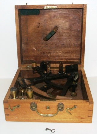 Early 20 th century brass sextant made by Iver C. Weilbach, København. Sold by Adolf M. Norstedts, Westervick. Silver scale, vernier with a magnifier to assist scale readings, three telescopes and seven sun-filters. In original wooden case.