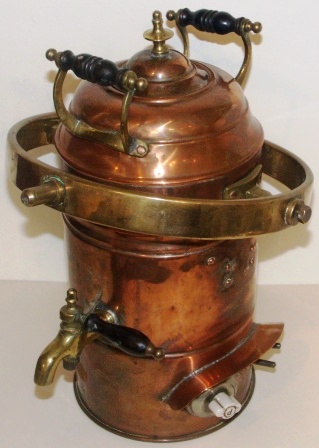 Early 20th century US made electrified copper and brass samovar. Mounted in gimbals. Perkins 15A 125V - 10A 250V. 