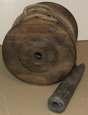 Late 19th century plumb-line. Oak, hemp-rope & lead weight. Excl handles (originally mounted on a stand).