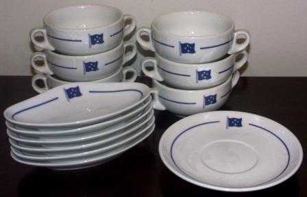 Mid 20th century shipping company porcelain made by Richard Ginori. Soup-bowls, plate and platters. 