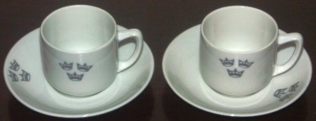 Sets of mocca / small coffee cups with plates (4 sets in total) from the SWEDISH AMERICAN LINE. Made by Rörstrand Sweden. Also marked Ferd. Lundquist, Rapidbolaget.