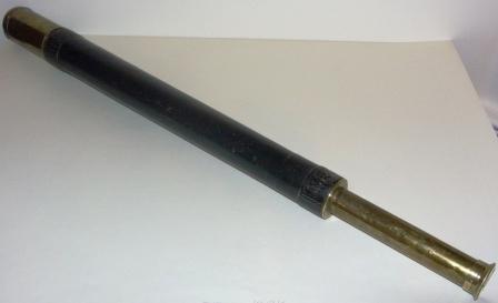 19th century hand-held refracting telescope, maker unknown. Used by the Swedish Navy and crown-marked with the Royal Swedish Navy emblem. Engraved “K.M. Flotta Stockholm No 67 & No 12”. With one brass draw and leather and brass bound tube. 
