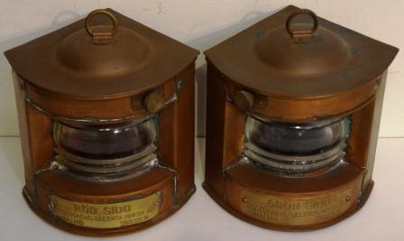 A pair of 20th century copper navigation lanterns, made by Rosengrens Bleckslageri AB, Malmö Sweden. Port and starboard, not yet prepaired for electricity. 