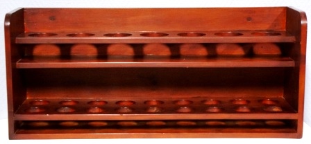 Wall-mounted mahogany glass rack from M/S Arolla, Nautilus shipping company. 7 compartments with diameter 70mm (upper part) & 18 compartments with diameter 50mm (lower part) 