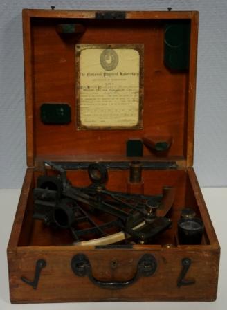 Early 20th century sextant M037 made by Heath & Co Ltd., Crayford London. Last examined November 1914. Silver scale, vernier, magnifying glass, four telescopes and seven sun-filters. In original mahogany case.