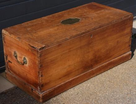 19th century travellers trunk in teak, brass handles and inlays. Used by Trinity House Pilot W.C. Comben. 