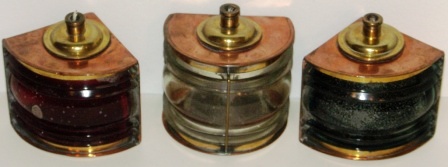 Set of 20th century electrified copper/brass port, starboard and masthead lights. For 6/12/24 volt use. Made by S.W.M.F. 