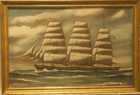 Manhem ex Geysir ex David d'Angers-Sweden, Norway, Nantes.  20th Century Ship Portrait, Watercolour/gouache. 