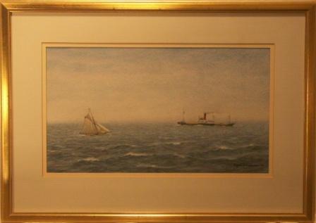 Panamanian steam-freighter and Swedish sailing yacht in deep water. 20th Century Watercolour.