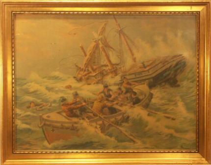 Shipwrecked crew from the three-masted sailing vessel Gerda-Stockholm being rescued. 20th Century oil-print. 
