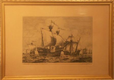 Depicting 14th and 15th Century ships. 20th Century engraving.