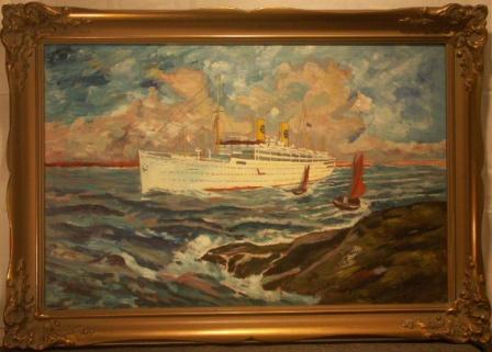 Swedish America Liner "Kungsholm" approaching Gothenburg archipelago. 20th Century oil on panel.