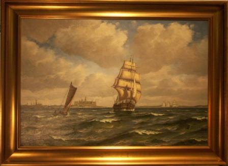 Sailing ships in the Strait of Öresund. 20th Century oil on canvas.