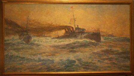 Battle ship manouver in open waters.  20th Century oil on canvas.