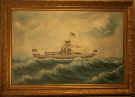 Swedish battle ship firing one of her cannons.  20th Century oil on canvas. 
