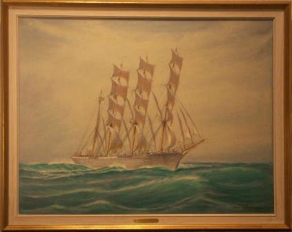Ship portrait depicting the Swedish sail training vessel Abraham Rydberg 3. 20th Century oil on canvas. 