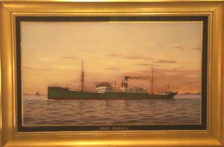 Ship portrait depicting the German freighter Deike Rickmers. 20th Century Glass Painting.