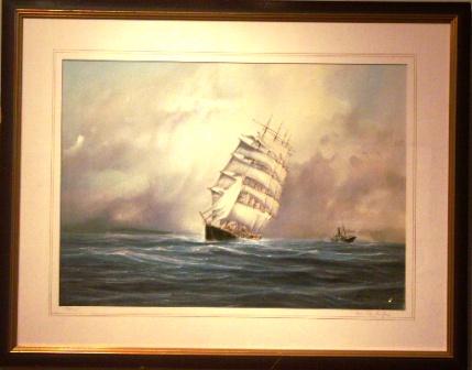 The four-masted barque POTOSI and a German freighter in heavy waters off the coast.  20th Century Watercolour/gouache.