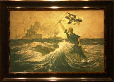 Battle ships approaching German seamen in distress during WWI.  20th Century oil on canvas. 