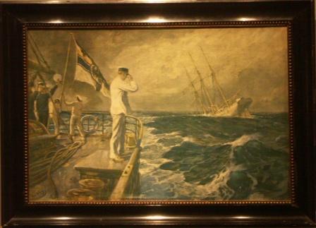 German naval officer and able seamen on board the sailing vessel Choising of Bremen saluting the sinking of the sailing ship Aycina.  20th Century oil on canvas. 