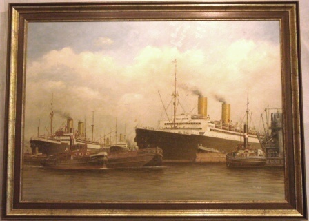 Harbour activity in Bremerhafen. 20th Century oil on canvas. 