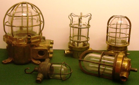 20th century electric engine room and bulkhead lights made in solid brass.