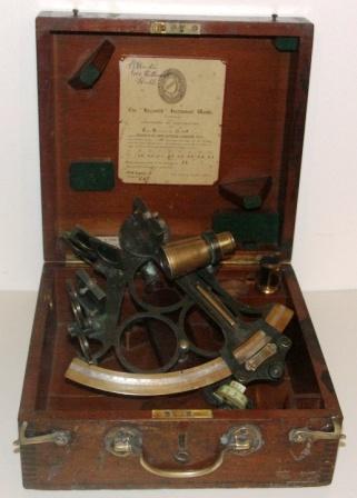 1938 brass sextant made by Heath & Co in New Eltham, London for John Lilley & Son Ltd in North Shields. No D258 (The Hezzanith Instrument Works). Last corrected in 1953 by B. Cooke & Son, Hull. Two telescopes and seven sun-filters. In original wooden case.