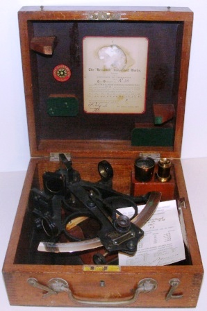 Early 20th century sextant in original mahogany case. Made by Heath & Co, Eltham London SE9. Sold by Johan Gulbransen Oslo. Circle frame, silver scale, magnifying glass, two telescopes and sun-filter. Examined 1946 by the Hezzanith Instrument Works London. Last corrected 1952 by Kon. Ned. Meteorologisch Instituut Amsterdam.