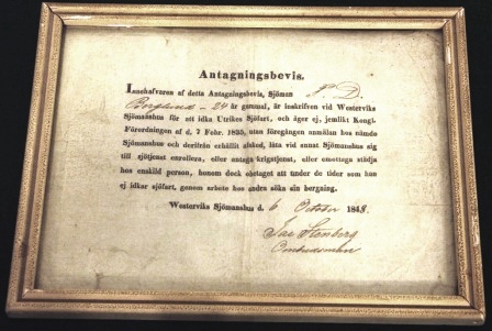 19th centurEmbarkation certificate for 24 year old able seaman J. D. Berglund, dated October 6th 1848