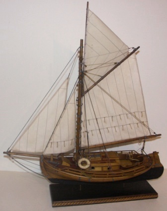 20th century clinker-built and gaff sail-rigged open coaster type model.