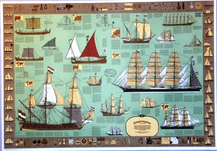 Nautical educational chart. Incl English vocabulary and description of all types of sailing vessels, nautical instruments and knot- & rope-work. 