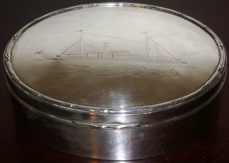 Early 20th century silver case in memory of the launch of the cable-steamer S/S Cambria on November 22nd 1904 from Neptune Works, Newcastle-on-Tyne presented by Mrs F.R. Lucas.