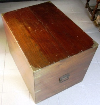 19th century travellers trunk in camphor wood, fitted with brass inlays. Interior metal sheet bound.
