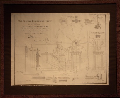 "Plan d'une des deux machines a vapeur de 25 Chevaux d'un des bateaux-poste de la Corse."