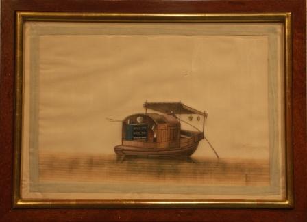 Chinese artwork painted on rice paper. Depicting a Chinese sampan.