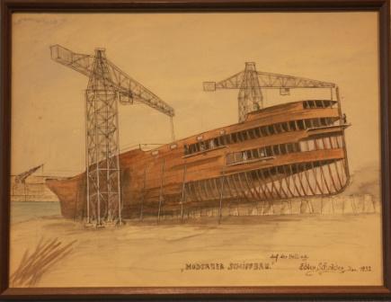 "Moderner Schiffbau" (Modern shipbuilding). Depicting a vessel on the slipway.