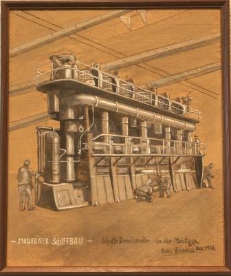 "Moderner Schiffbau" (Modern shipbuilding). Depicting the installment of a ship's diesel engine.