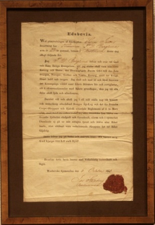 Mid 19th century employment agreement between the sea captain Swen Jern and the carpenter P.D. Berglund. Signed Westerviks Seamans House October 6, 1848.