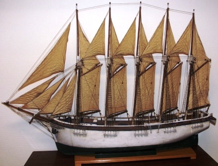 Late 19th century sailor-made five-masted schooner with set sails