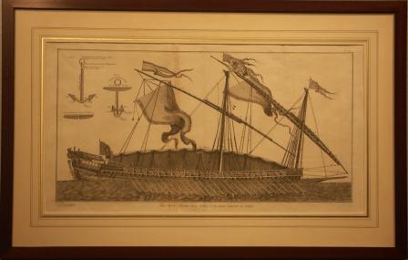 Detailed engraving of a French galley. "Marine, Dessein d'une Galere à la Rame nommée la Rèale." 