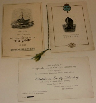 Flygplankryssaren GOTLANDS sjösättning. Invitation cards and festivity program for the launch of the Swedish aircraft carrier GOTLAND on September 14, 1933.