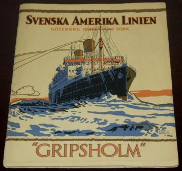 Richly illustrated Svenska Amerika Linien publication with interiors from the M/S Gripsholm travelling between Gothenburg and New York. Published in Gothenburg 1925, 36 pages.