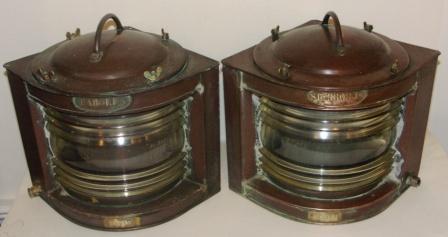 Pair of electrified 20th century Swedish Navy copper navigation lanterns, made by Erik Ohlsson, Hälsingborg. Crown-marked Km 29192 & Km 29193, port and starboard.