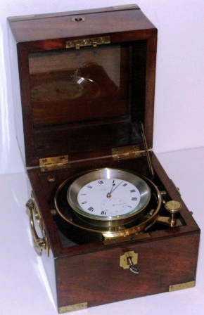 19th century "C.F. Laurins Söner Stockholm" marine chronometer No 126. Mounted in brass gimbals, mahogany case and brass fittings.