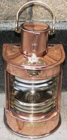 20th century copper stern light fitted with oil burning lamp. Made by C.M. Hammar, Göteborg and marked with three crowns, AKTER-G35766.