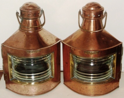 Pair of 20th century Norwegian copper navigation lanterns, port and starboard. Including oil burning lamps. 