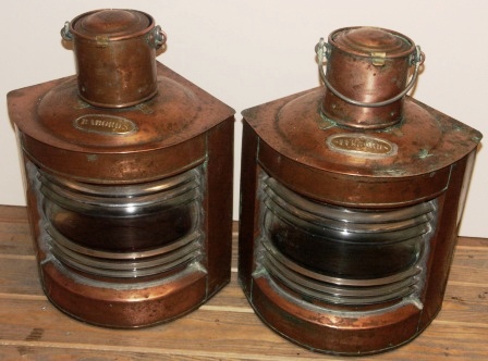 Pair of early 20th century Swedish copper navigation lanterns made by Erik Ohlsson, Hälsingborg. Marked ST 45425 & ST 45426. Port and starboard, including oil burning lamps.